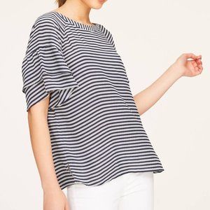 LOFT Navy Striped Ruffle Sleeve Tie Back Top
